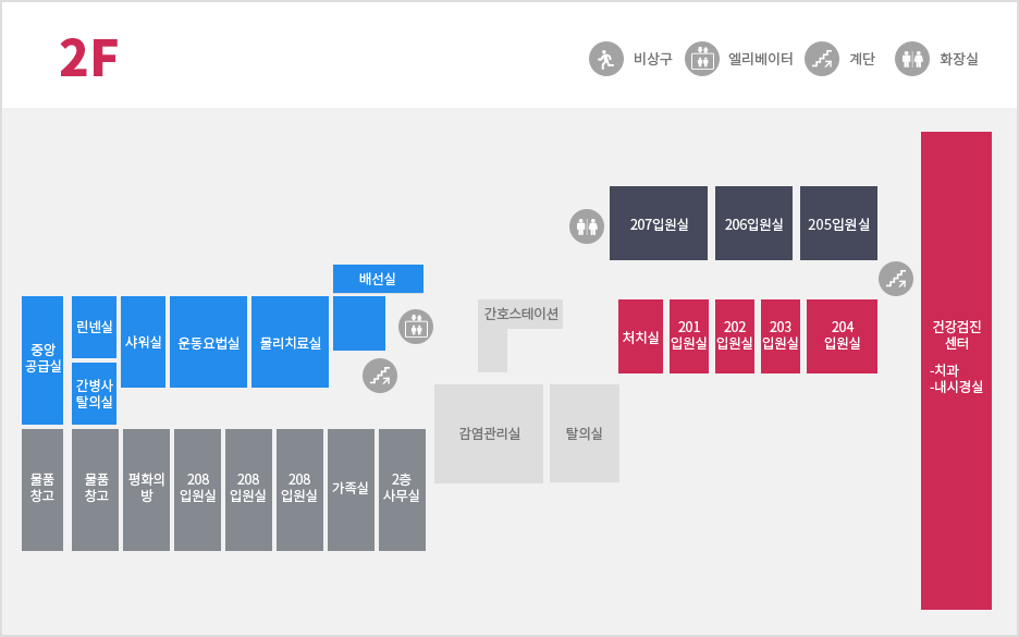2F 비상구, 엘리베이터, 계단, 화장실과 건물내 안내도로 시계방향으로 2017입원실, 206 입원실, 205입원실, 계단, 건강검진센터 (치과, 내시경실), 204입원실, 203입원실, 202 입원실, 201 입원실, 처치실, 탈의실, 간호스테이션, 감염관리실, 2층사무실, 가족실, 208 입원실, 208입원실, 208입원실, 평화의 방, 물품창고, 중앙공급실, 린넨실, 간병사탈의실, 샤워실, 운동요법실, 물리치료실, 배선실, 계단, 엘리베이터가 위치해 있습니다.