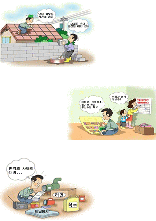 낡은 지붕은 사전에 점검 오래된 축대, 담장은 미리 정비 이웃간 연락방법은 ? 대피로, 대피장소, 헬기장 확인, 통신수단 확보 만약의 사태에 대비하여 비닐봉지, 식수, 라면 등 구비
