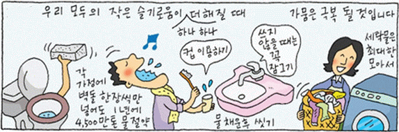 우리모두의 작은 슬기로움이 하나하나 더해질때 가뭄은 극복될것입니다. 각가정에 벽돌 한장씩만 넣어도 1년에 4,500만톤 물절약, 양치할때는 컵 이용하기. 쓰지않을때는 꼭 잠그기, 물 채운 후 씻기. 세탁물은 최대한 모아서